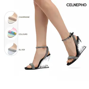 CELNEPHO Slide Sandals for Women Summer Sandal Open Round Toe Morso Sandals Metallic Shark Heel Rhinestone Strap Design Easy Slip on Adjustable Ankle Strap Fashionable Tiger Teeth Flip Flops Thong Mules Dressy Party Wedding Clubbing Dress Shoes