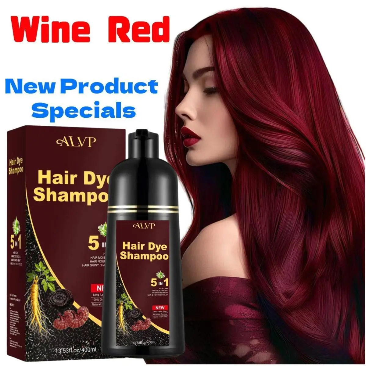 ALVP 5-in-1 Herbal Color Shampoo, Haircare Cleanser & Conditioner with Ginseng for Men & Women - Smooth Gray Coverage, Long-Lasting Color, Scalp Nourishing