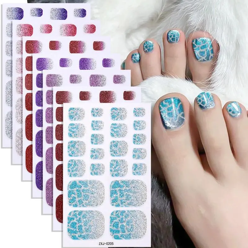 Toe Nail Stickers Full Nail Wraps Gradient Glitter Toenail Polish Strips for Women Shiny Self Adhesive Polish Gel Toenail Decals