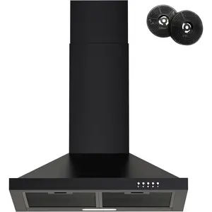Range Hood 24 inch Wall Mount Type with Ducted/Ductless Convertible,450 CFM Stainless Steel Chimney-Style Kitchen Hood, Over Stove Vent Hood with 3 Speed Fan,Charcoal Filters,Black