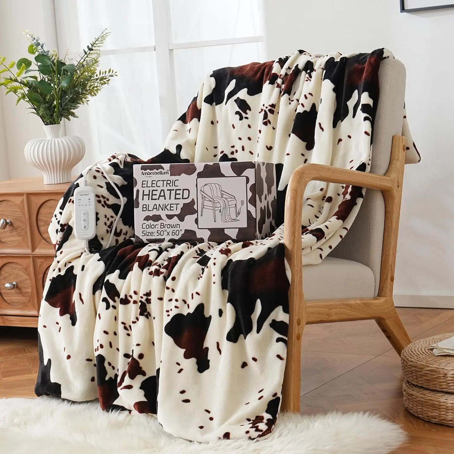 Cow Print Heated Electric Blanket Soft Western 60" x 50" Heating Blanket Cozy Throw Fast Heating 1-10H Auto-Off 8 Heat Level Over-Heat Protection Double Si