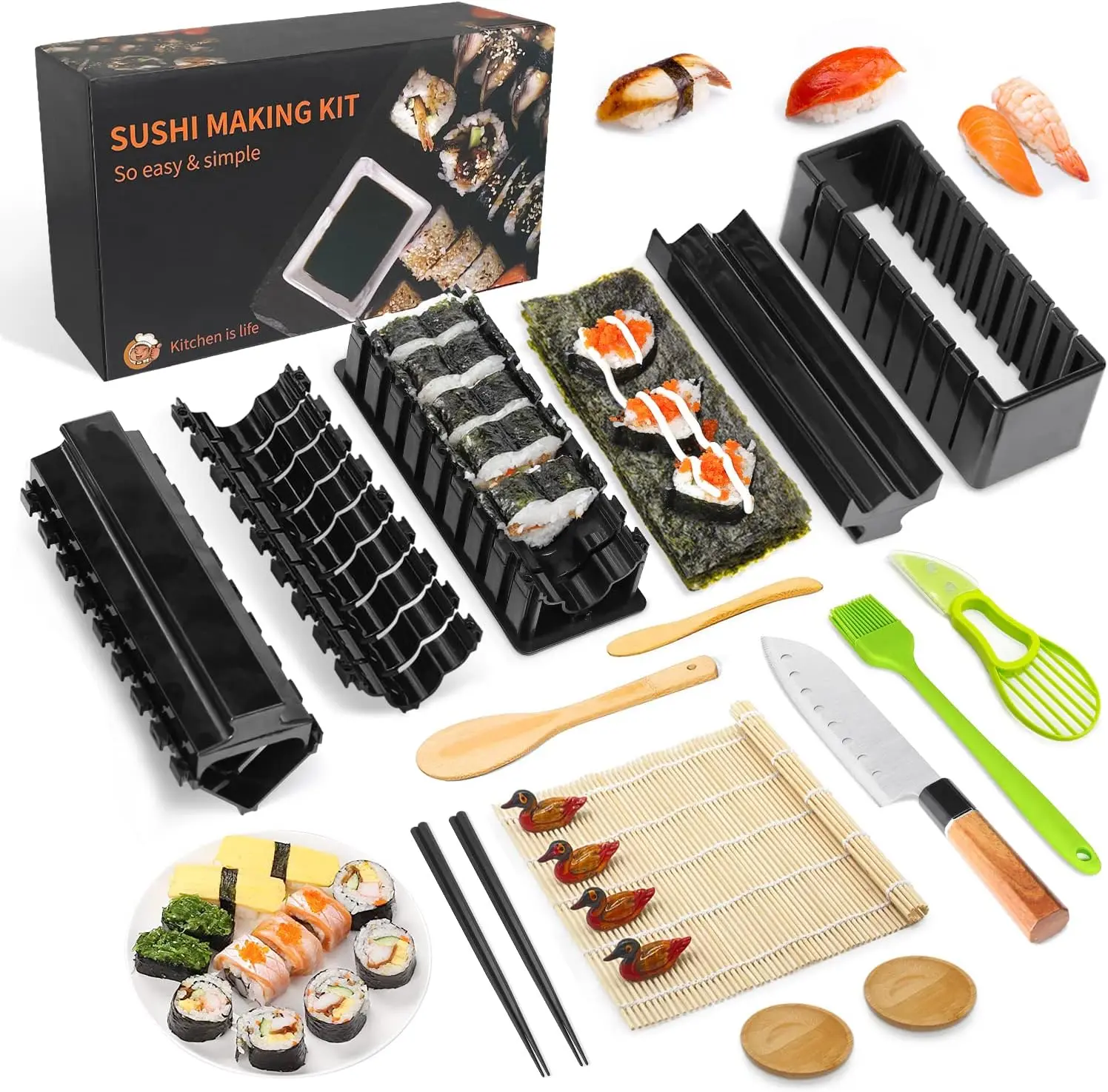 21-Piece Premium Smooth Plastic Sushi Making Set - Sturdy DIY Sushi Making Accessories Kit for Beginners, with Rice Roll Molds, Home Kitchen Utensils for Kids, Gift Set Utensils, Handy Set Utensils