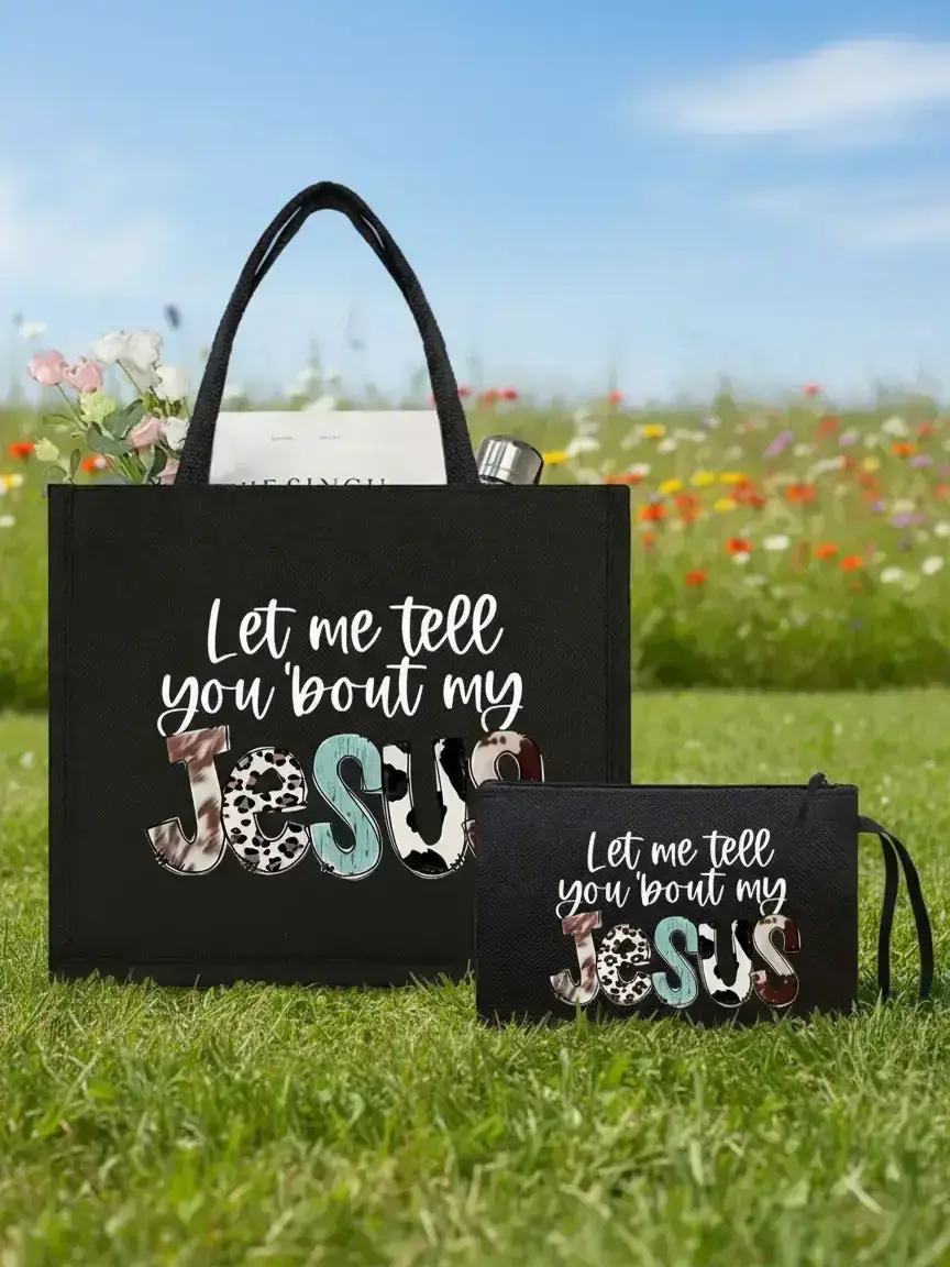 Let Me Tell You About My Jesus Pattern Stylish Creative Design Aesthetic Tote Bag Set, Large Capacity Storage Bag Set, Casual Trendy Versatile High-quality Daily Commuting Fashionable Bag Set, Daily Commuter Tote, Fashion Patterned Bag