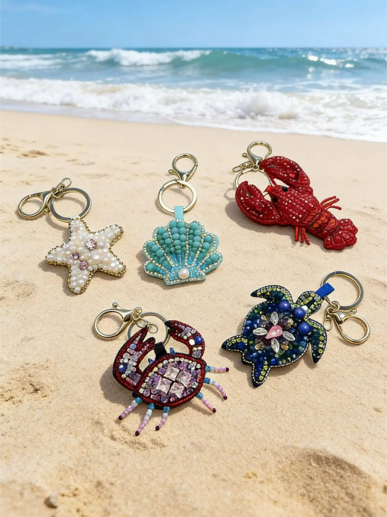 Cute Ocean-Themed Bag Charm, Starfish Turtle Lobster Shell Design, Summer Fashion Accessory, Full Rhinestone Decor, Sparkly bag charm, Versatile Style, Bag Charm Keychain, Bag Accessories Charms