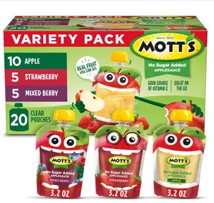 Mott's No Sugar Added Applesauce Variety Pack, 3 Flavors – Apple, Strawberry & Mixed Berry, Made from Real Fruit, No Artificial Flavors, 3.2 oz Clear Pouches, 20 Pack