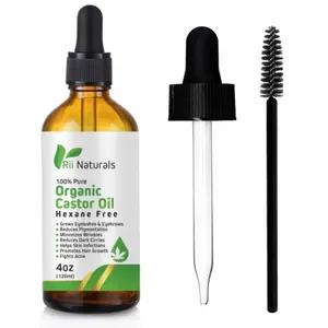 Organic Castor Oil Amber glass 4oz(120ml) with Dropper top and Eyelash Brush