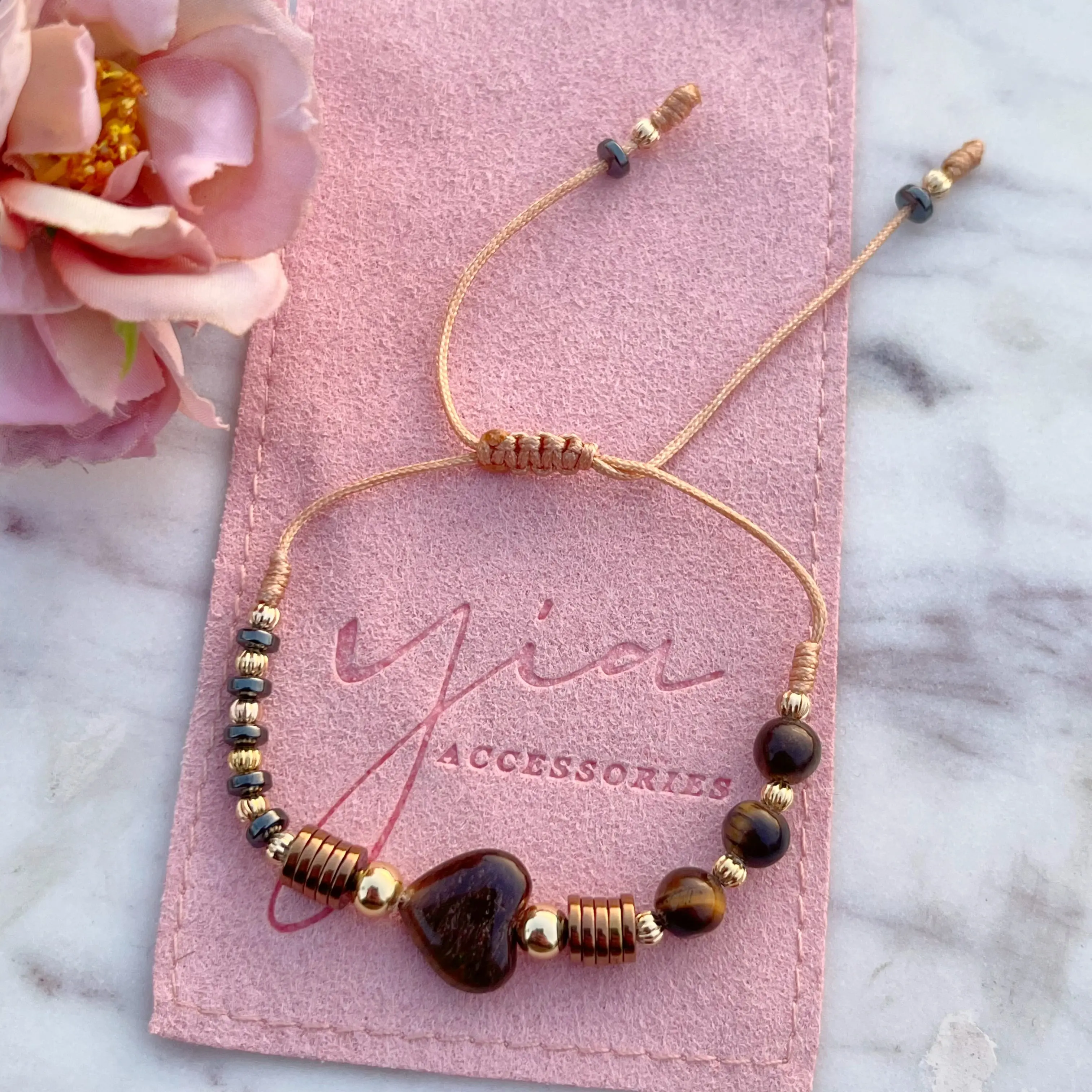 Hand Beaded Tigers Eye Heart-Shaped Lucky Bracelet with Gold-Plated Hematite Stones, Adjustable Flexible Band for Protection & Focus, Beaded Bracelet, Goldplated Glow, All Occasions, Adjustable Band Fits You