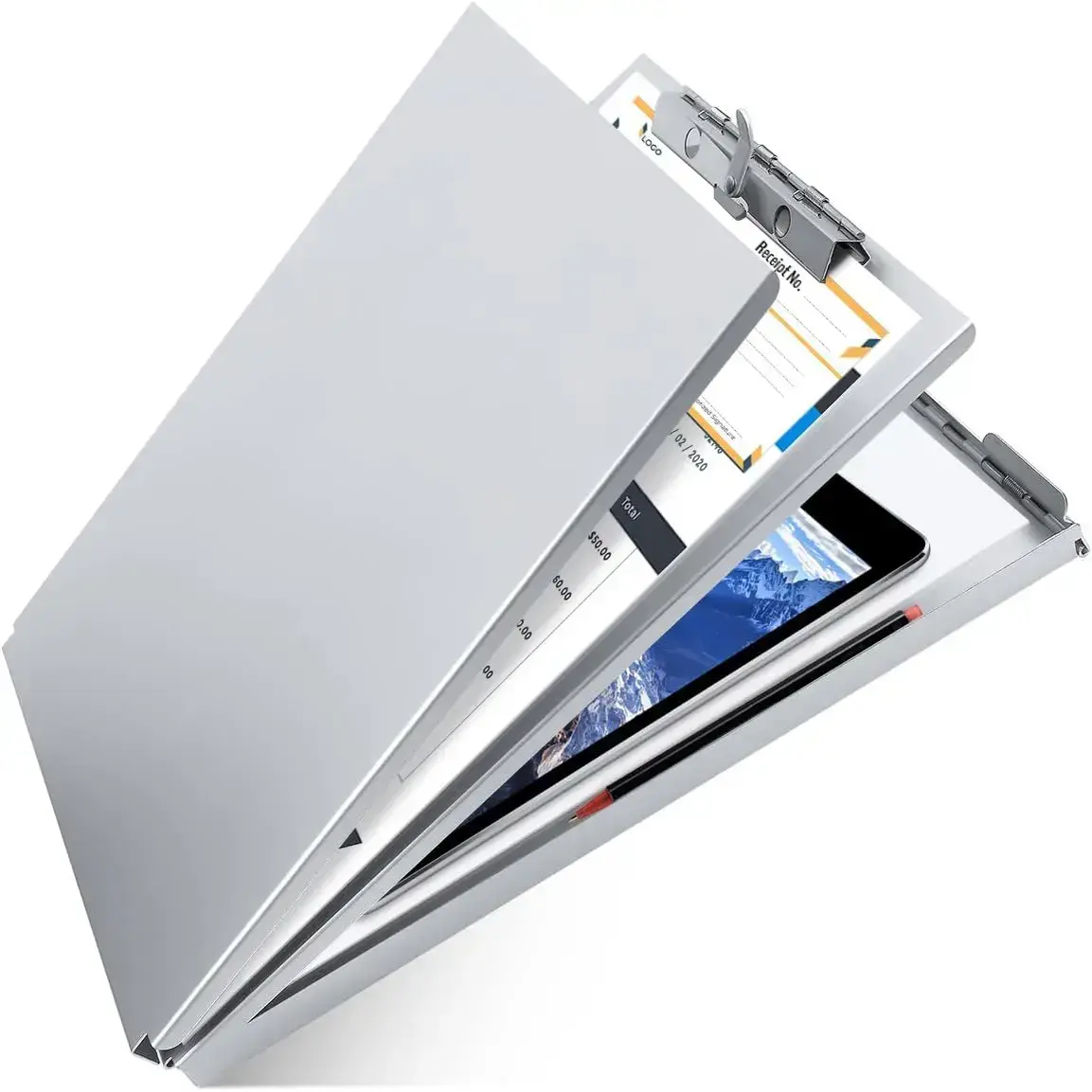 Portable Aluminum Clipboard with Storage - Heavy-Duty Office Accessories, Files Organizer, Stainless Steel Binder, High-Capacity Metal Clip, Self-Lock Latch for Work Professionals