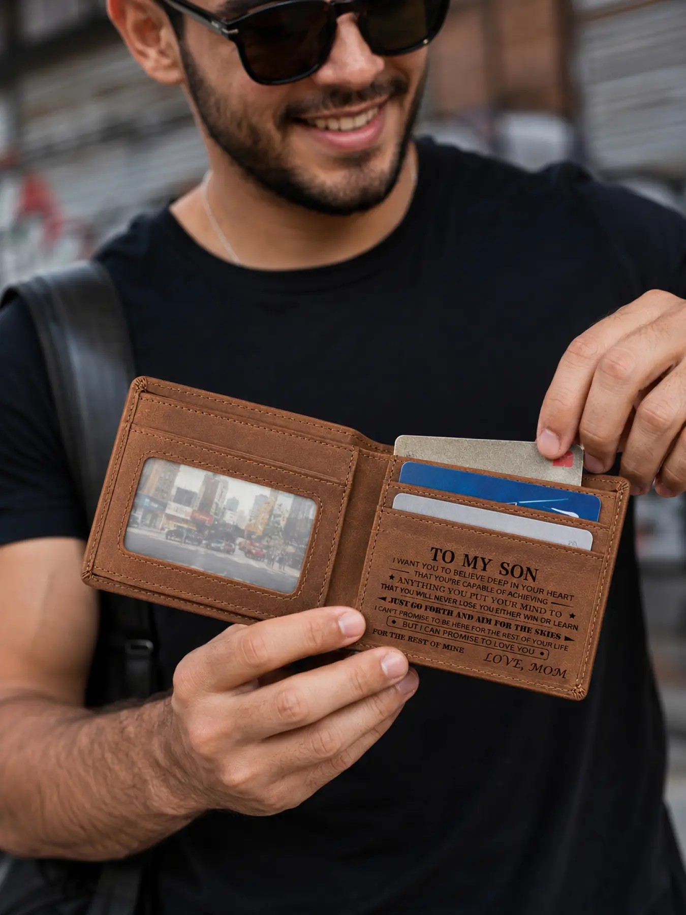 . Inspirational Wallet for Son from Mom, Soft Leather Engraved Wallet for Men, Emotional Gift for Graduation Birthday Christmas Thanksgiving Halloween, Minimalist Card Holder Wallet for Teen Boys Husband Boyfriend, Daily Use Travel Wallet with Love Messag