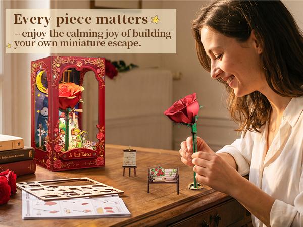 CUTEBEE x The Little Prince Unisex DIY Book Nook Kit - My One and Only Rose, Miniature Bookshelf Insert, Home/House Decor, Whimsical Room Decor Gift for Adults, Whimsical Home Decor