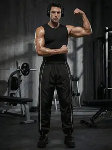 Men's Summer Gym Workout Fitness Running Sport Set, Round Neck Sleeveless Compression Shirt Tank Top + Drawstring Elastic Waist Pants with Adjustable Cuffs and Side Pocket, Gym Workout Clothes, Gym Athletic Clothes
