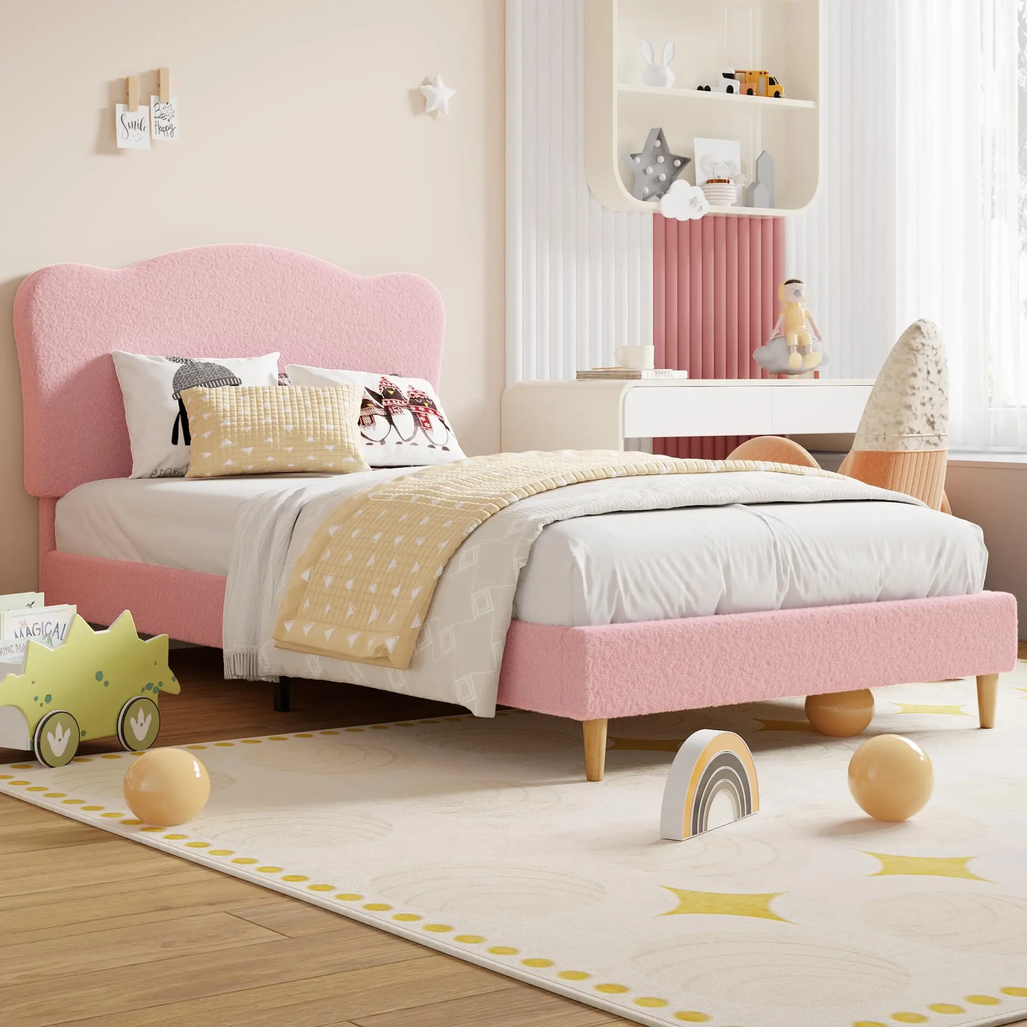 Cozy Pink Full Size Berber Fleece Platform Bed Frame with Cute Soft Padded Headboard Low Profile Sturdy Wood Slat Support Quiet Comfort No Box Spring Required Modern Warm Bedroom Furniture Essential, Modern Bedroom, Framed