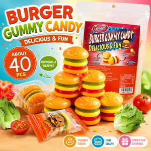 Burger Gummy Candy, Fun Mini Burger-Shaped Chewy Gummies, Individually Wrapped, Sweet Fruit Flavor Treats for Kids, Parties & Snacks