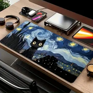 1pc Van Gogh Night Sky Cute Cat Abstract Art Large Ergonomic Gaming Mouse Pad, E-Sports Office Keyboard Pad, Desk Accessories, Ergonomic Mouse Pad