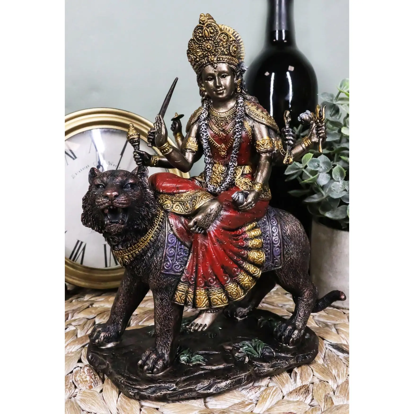 The Invincible Eight Handed Hindu Goddess Durga Sitting On Bahan Tiger Statue