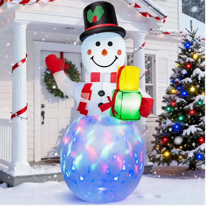 Classic Snowman Motif Christmas-Themed LED Lighted Inflatable Decoration - Waterproof Polyester, Energy-Efficient LEDs, Stake, Knitted Scarf, Festive Gift Elements, Compact Folding, Adjustable, Garden/Backyard Glow Up Outdoor Home Xmas Party Ornament, Win