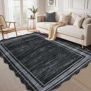 GARVEE Scalloped 5x7 Rugs Washable Area Rugs for Living Room, Modern Bordered Solid Rug for Bedroom, Abstract Scalloped Non-Slip Stain Resistant Carpet for Dining Room Home Office Dorm,Black