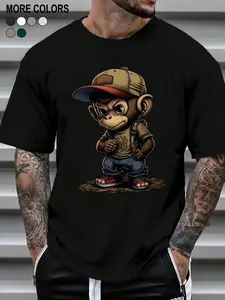 Men's Cartoon Monkey Print Round Neck Tee, Regular Fit Casual Comfy Streetwear Short Sleeve Crew Neck T-shirt for Summer, Fashion Men's Top for Daily Wear