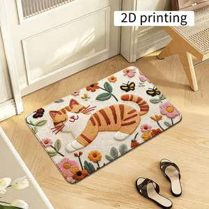 1pc 2D Flat Pattern Cute Cartoon Cat Stretching Door Mat, Soft Comfortable Anti-Slip Entrance Rug, Decorative Rugs, Unique Personality Design, 2D Flat Pattern Foot Pad