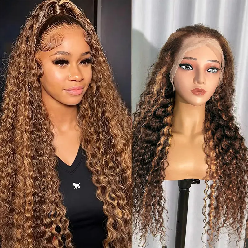 30 Inch Highlight Ombre Lace Front Wig Human Hair Deep Wave 13x6 HD Lace Frontal Wigs Human Hair 180% Density P4/27 Colored Curly Wigs for Women Glueless Pre Plucked Wig