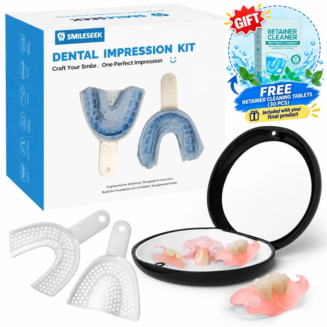 SMILESEEK Custom Flipper Tooth Partial Denture Kit for Adults, Removable Natural-Looking Replacement for 1-6 Missing Front or Side Teeth