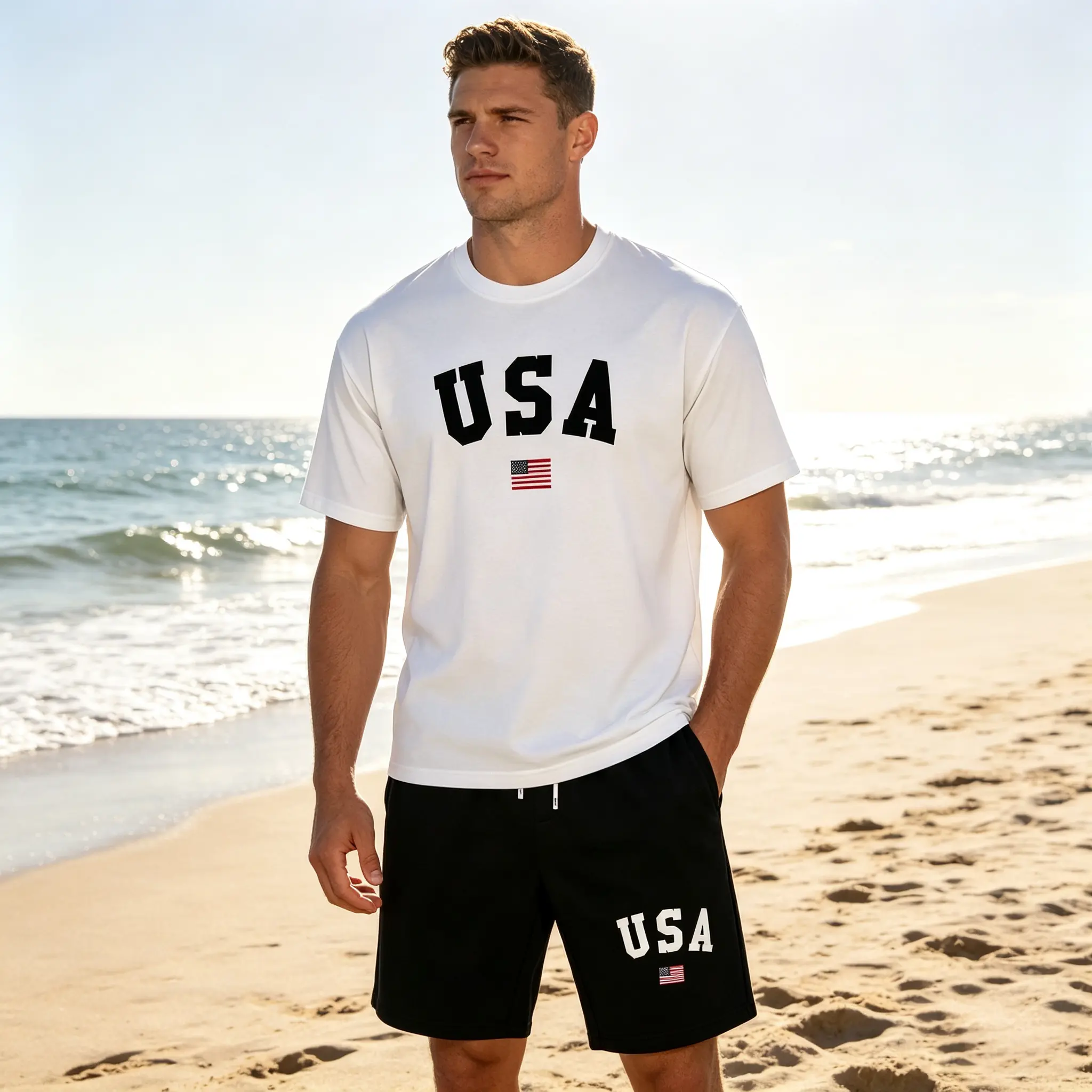 Men's 2-Piece Streetwear Apparel Set - Short Sleeve Tee T-Shirt, Drawstring Loungewear Shorts, USA American Flag Print Casual Tracksuit, Soft Polyester Summer Outfit, M-XXXL