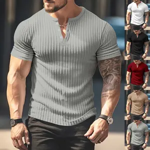 European and American Solid Color Men's Summer Versatile Short Sleeve Henley Shirt Casual Knitted T-Shirt
