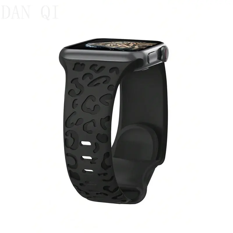 DAN QI Black Leopard Print Carved Soft Silicone Watch Strap - 1pc Fashion Smartwatch Strap Accessory Compatible with iWatch Ultra, Series 10,9,8,7,SE,6,5,4,3,2,1, Watch Straps