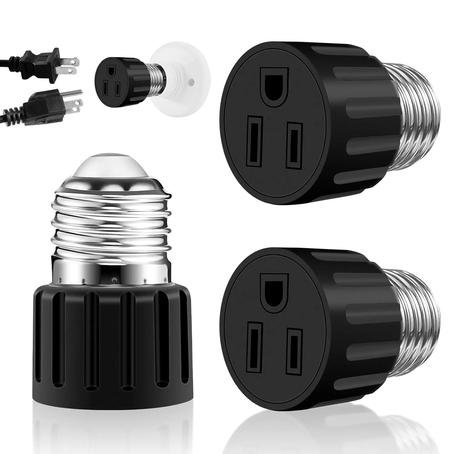 2 Pack 3-Prong Light Socket Outlet Adapter, E26/E27 Light Socket to Plug Converter, Polarized Light Bulb Plug Adapter for Garage, Camera, Porch, Professional Grade