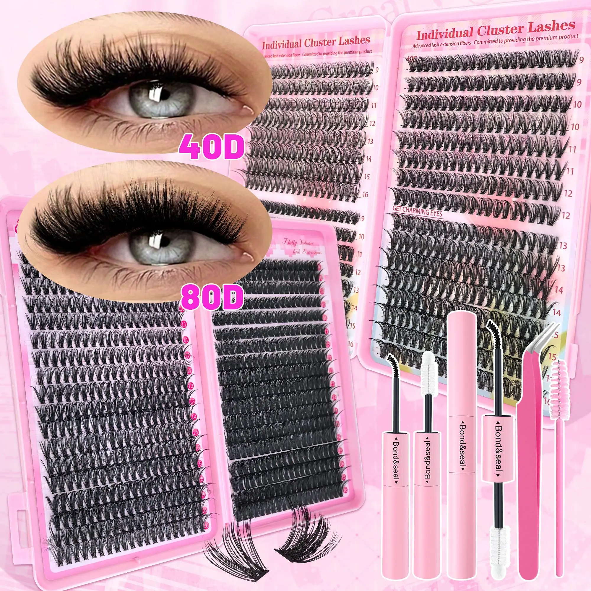 720pcs 40D+80D Natural Lash Clusters Kit with Glue & Tweezers, 8-16mm Mixed Styles DIY False Eyelashes Extensions Set | 3D Fluffy D Curl Reusable Waterproof Eyelashes Makeup
