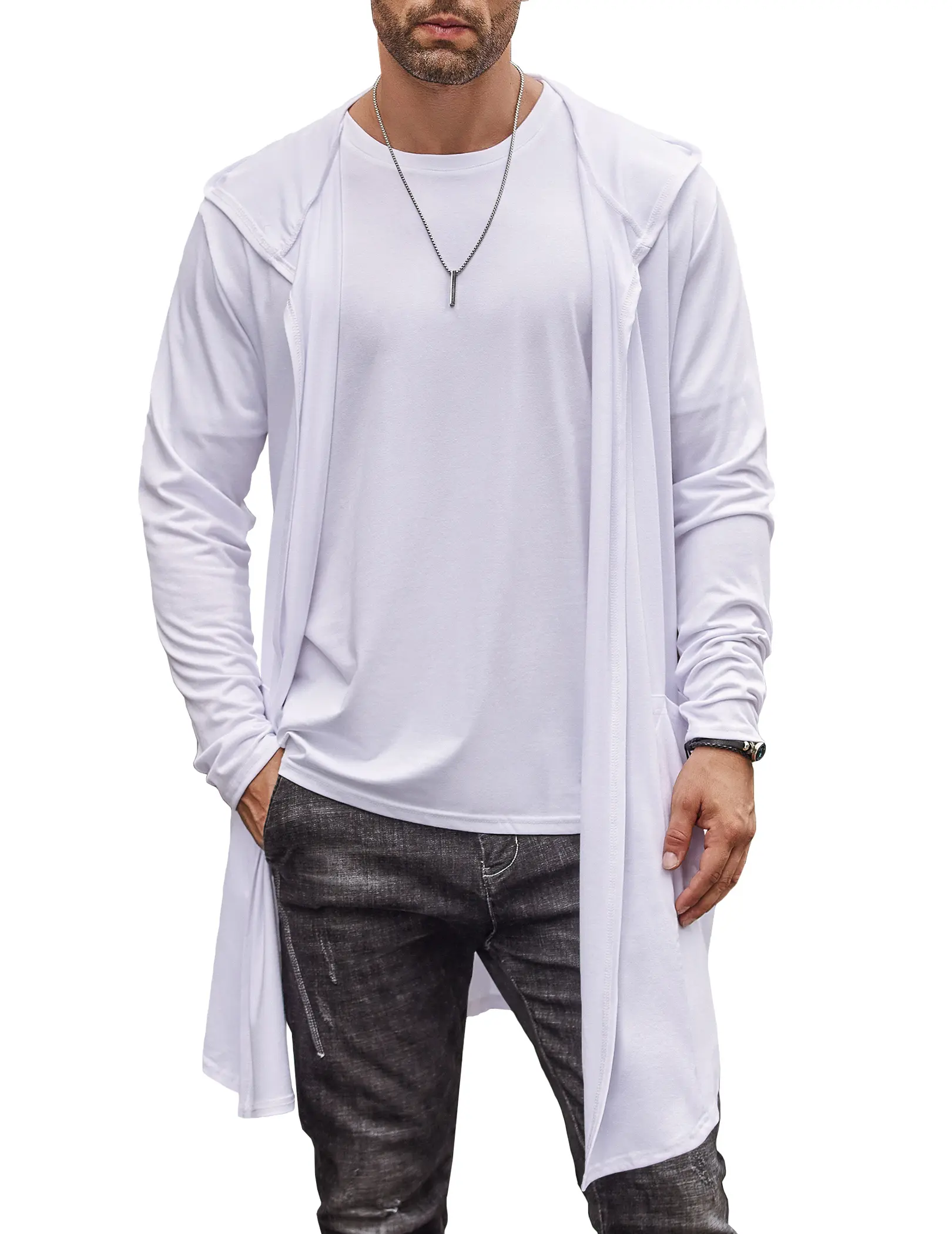 Coofandy Men's Solid Hooded Tops, Loose-Fitting Open Front Polyester Cardigan with Pockets and Asymmetrical Hem,back to school,back to school shopping, Menswear