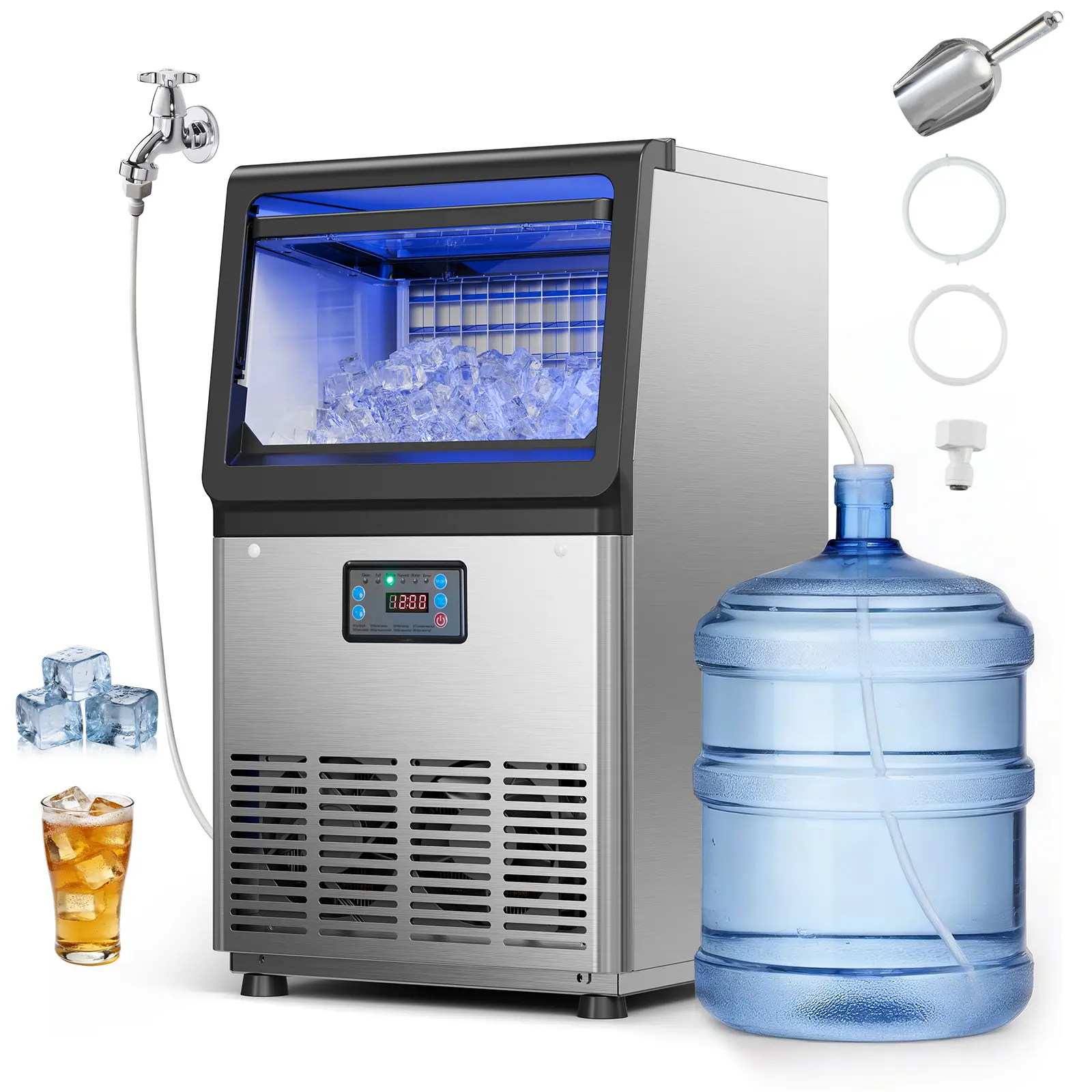 VEVOR Commercial Countertop Ice Cube Maker Machine, 90 lbs/24h Production, 13lb Storage Capacity, Freestanding/Under Counter, Stainless Steel, LED Display, Self-Cleaning, Full-Ice Alerts, for Home Bar