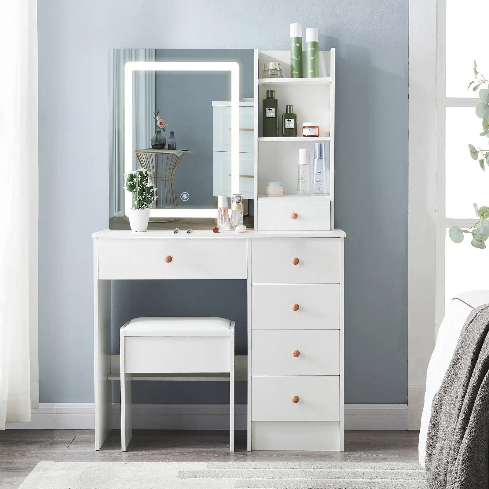 White Makeup Vanity Desk with Sliding LED Mirror and Stool, 6 Drawers & 3 Shelves, 3 Color Modes, Vanity Set for Bedroom