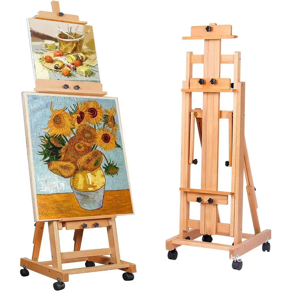 H-Frame Artist Easel, Solid Beech Wood Multi-Function Studio Canvas Holder Stand, Adjustable with Locking Caster Wheels, Tilts Flat, Locking Casters
