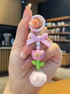 Tulip Creative Pom-Pom Keychain, Cute Floral Bag Charm, Handmade Assembly, Unique Daily Wear Accessory, Includes Playful Pom-Pom