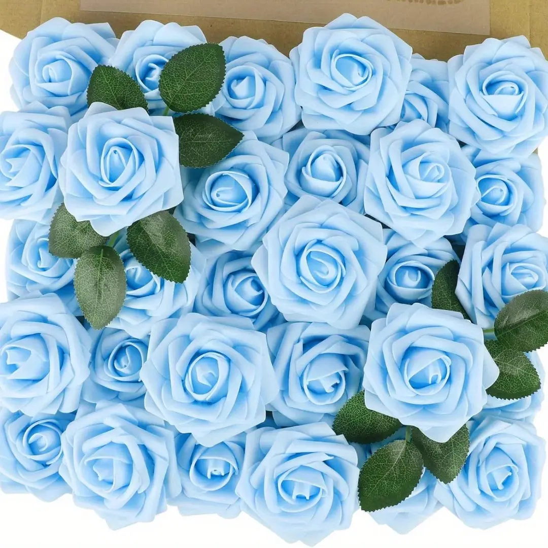50pcs Light Blue Artificial Roses Flowers Real Looking Fake Roses Foam Roses DIY for Wedding Arrangements Party Home Decoration Wedding Bouquets Bridal Baby Shower Floral Arrangements Party Home Office Table Decors