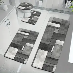 3pcs/4pcs Gray Geometric Pattern Bathroom Mat Set with Toilet Seat Cover and U-Shaped Foot Mat with Toilet Lid Cover & Contour Rug, Machine Washable Bath Rugs for Bathroom Shower Decor