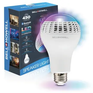 RGB Speaker Light Bulb - with Remote, Bluetooth. 450 Lumens, Screw-in, Dimmable, 3 Brightness Levels, Socket Extender Included