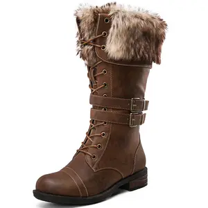 GLOBALWIN Women's Mid Calf To Knee High Boots Dressy Lace Up Combat Boots for Women Low Heel