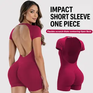 DEEFY Impact Short Sleeve One Piece Women's Seamless Workout Unitard Tummy Control Butt Lifting Short Sleeve Yoga Romper