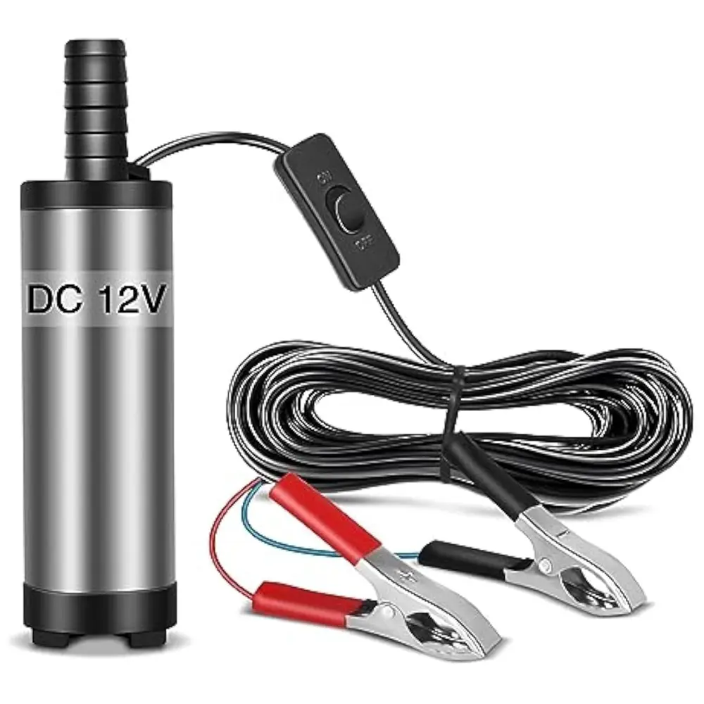 SUNMORN 12V Electric Transfer Pump, Portable Stainless Steel Submersible Pump for Diesel, Light Oil & Water, 40mm Utility Pump with On/Off Switch