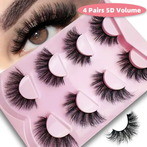 4 pairs of 5D thick false eyelashes, fluffy Russian-style large curled faux mink false eyelashes, strip false eyelashes, cat eye eyelashes, false eyelashes