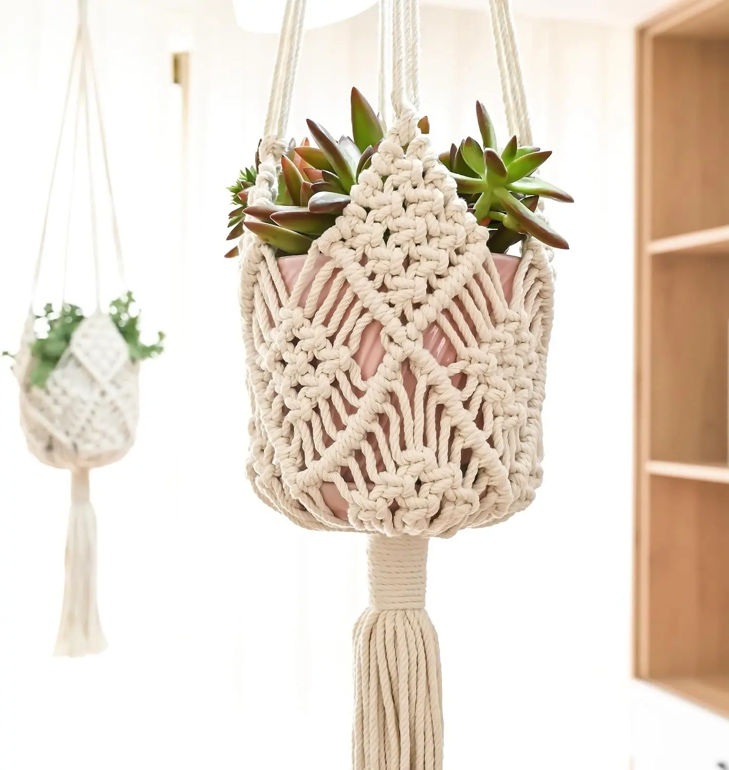 Hanging Planter with Patterns, 2 Packs Macrame Plant Hangers for up to 8 inch Pots, Crochet Boho Plant Holder for Indoor Outdoor with 2 S-Shaped Stainless Steel Hooks, White