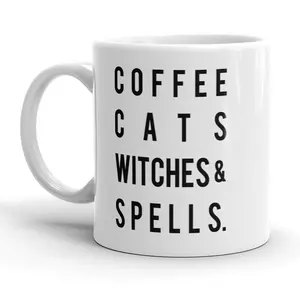 Coffee Cats Witches and Spells Mug Funny Halloween Coffee Cup - 11oz Funny Coffee Mugs Ceramic Printed Drinkware Cup