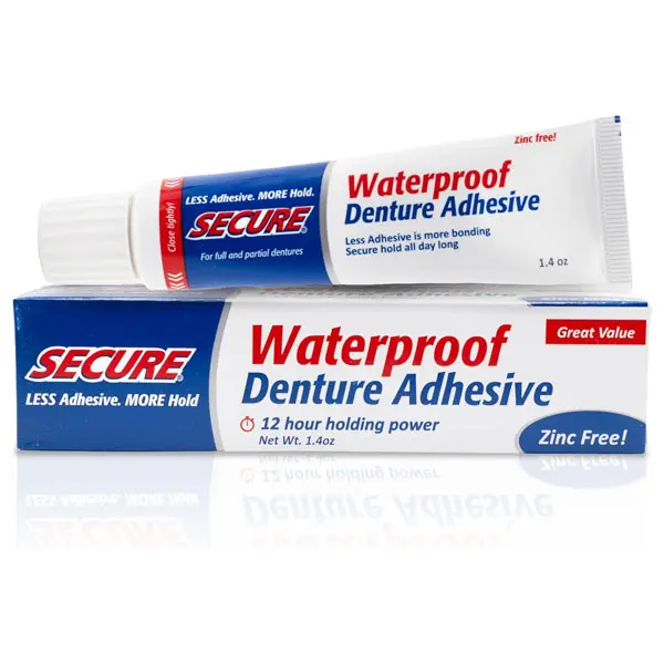 Secure Denture Adhesive Cream for Uppers, Lowers & Partials – Waterproof Seal & Zinc Free – Food Grade Ingredients - Less Adhesive, More Hold - Tube Lasts Up to 8 Weeks - 1.4 oz