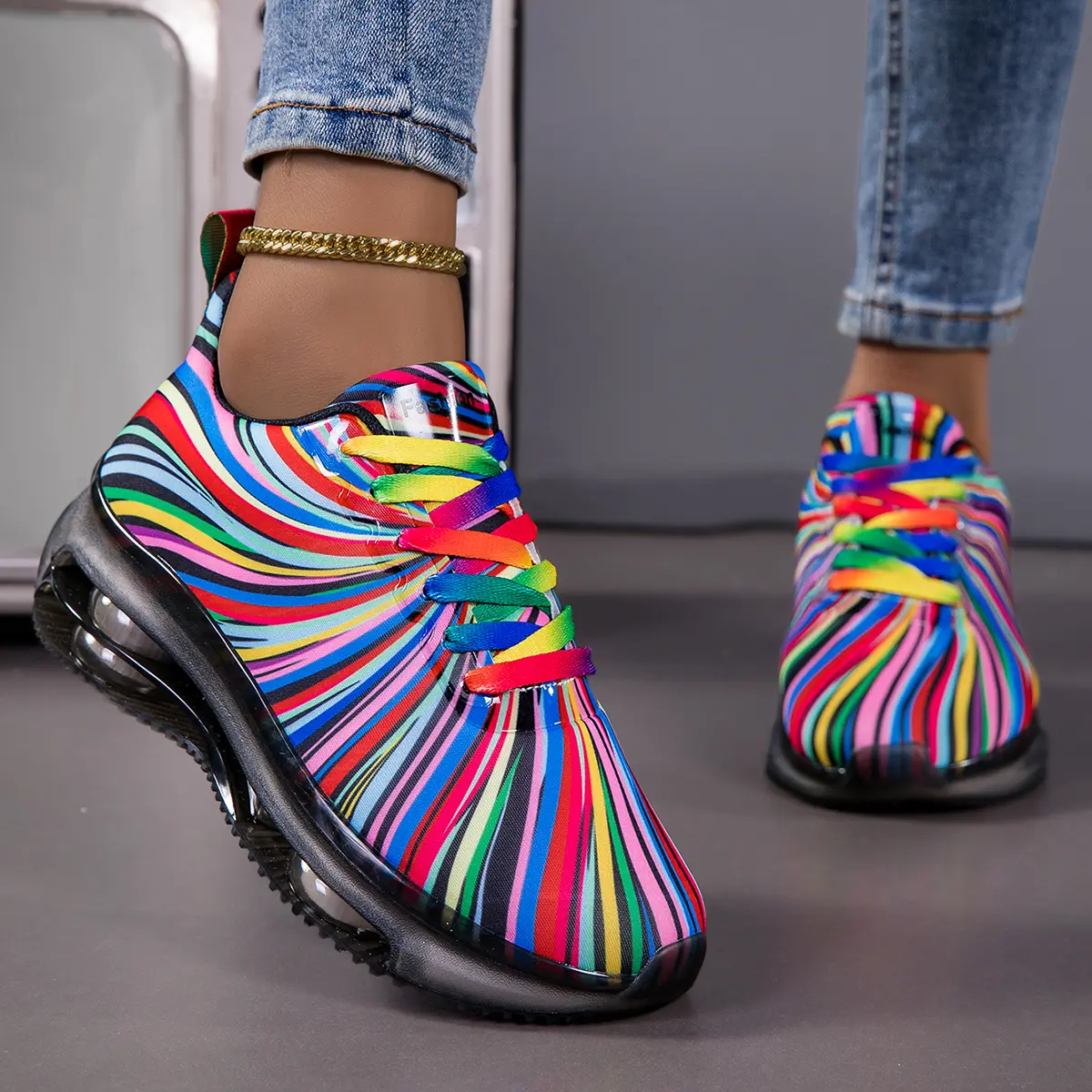 Women's Low-Top Sneakers with Rainbow Stripe, Breathable Lace-up Casual Trainer, All-Season Walking Shoes with Arch Support & Cushioned EVA Sole, Footwear, Everyday, All-Seasons