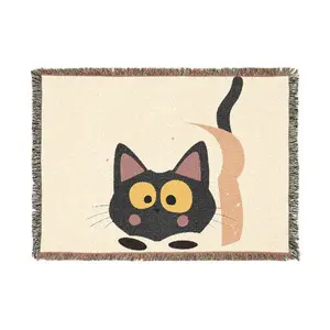 Wide-Eyed Cartoon Cat Woven Blanket | Cute Kitty Throw, Decorative Home Accent