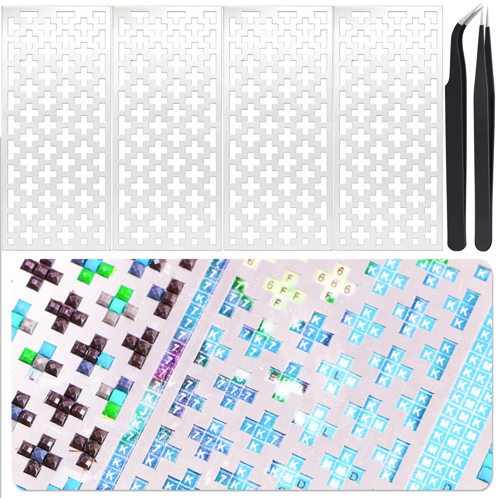 Diamond Art Tools Ruler, 4PCS Stainless Steel Diamond Painting Rulers and 2PCS Tweezers, Keeps 125mm Model Square Drill Canvas, Diamond Art Accessories Aligned Tool(Cruciform Ruler)