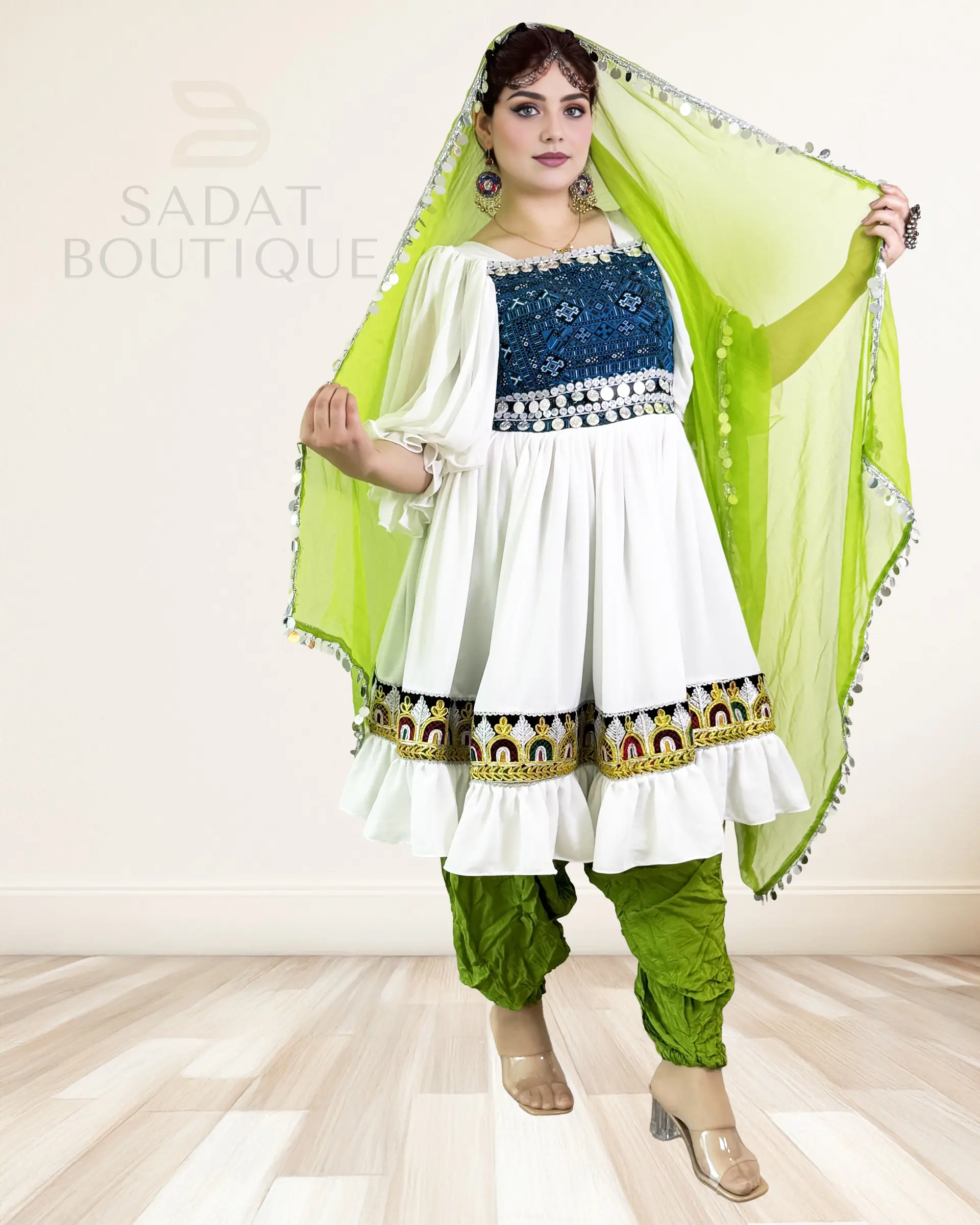 Women's Traditional Afghan Dress, Embroidered Clothes with Golden Threadwork, Mirror Detailing and Silver Accents for Weddings & Eid, Costumes