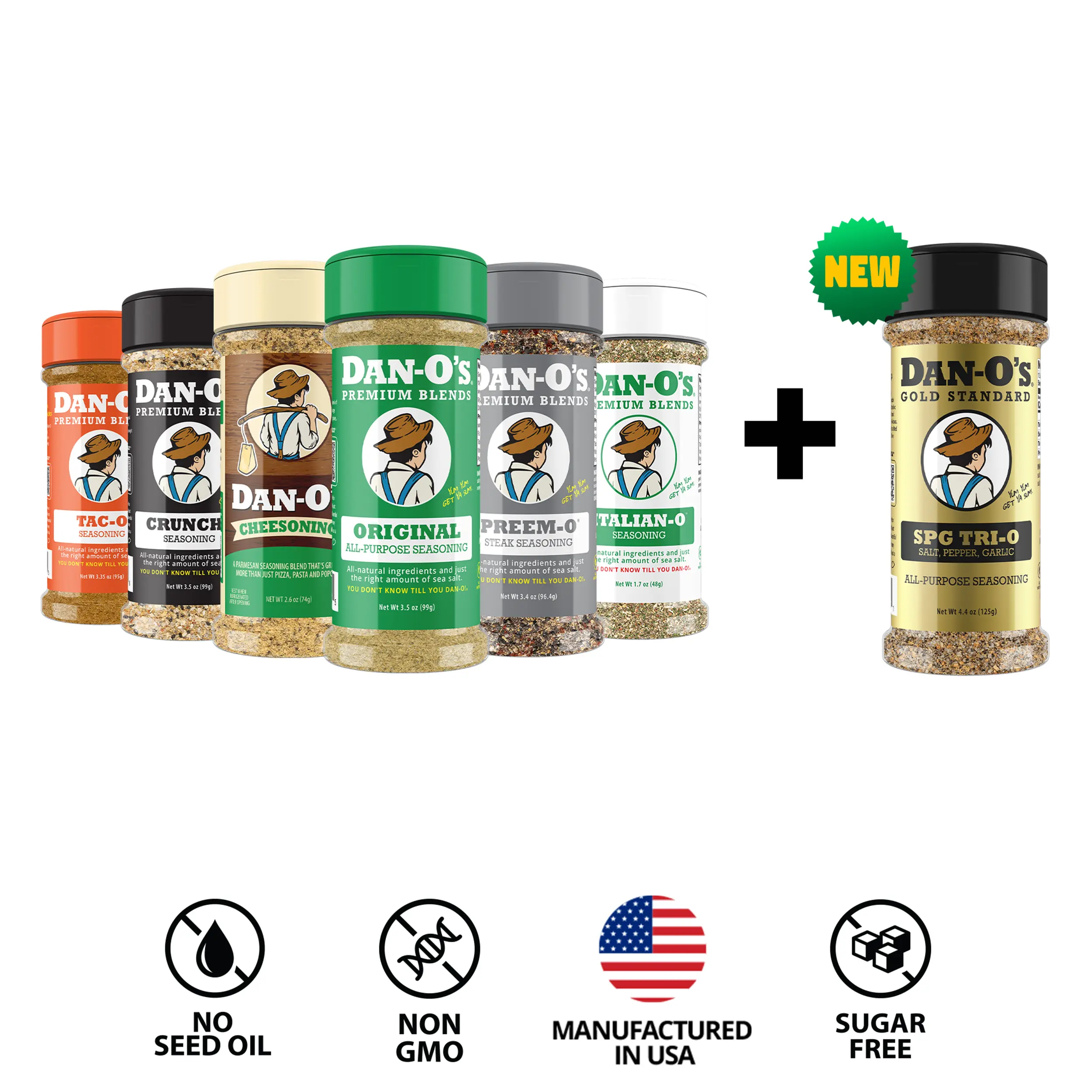 Dan-O's Favorite Sample Pack - Small 6 bottle combo - Original, Cheesoning, Preem-O, Crunchy, Italian-O, Tac-O + FREE SPG Tri-O Dan-O's Favorite Sample Pack - Small 6 bottle combo - Original, Cheesoning, Preem-O, Crunchy, Italian-O, Tac-O + FREE SPG Tri-O